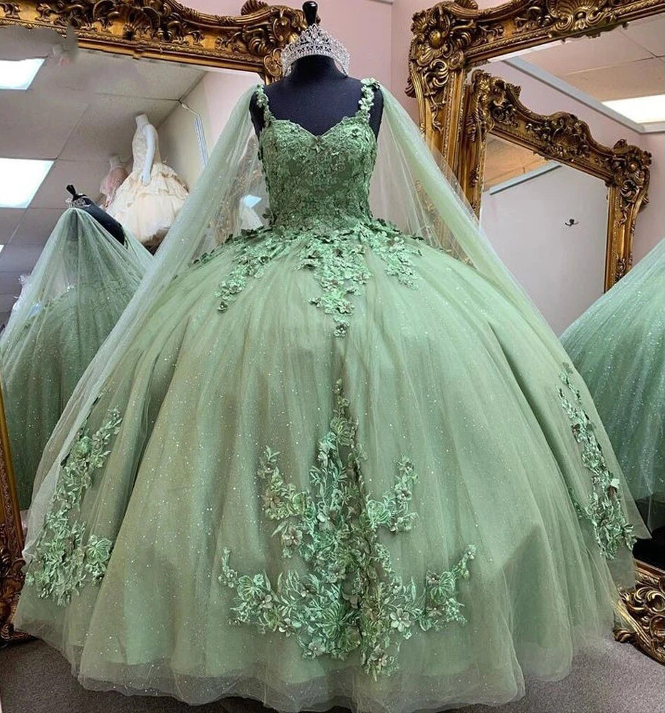 Elegant Ball Gown Strapless Straps Lace Appliques Sage Green Tulle Quinceanera Dress For Sweet 16 Elegant Ball Gown Strapless Straps Lace Appliques Sage Green Tulle Quinceanera Dress For Sweet 16