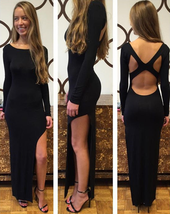 Elegant Black Floor-Length Sheath Split Long-Sleeve Prom Dresses