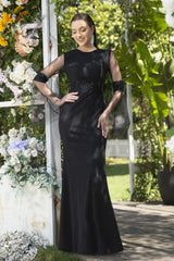 Elegant Black Jewel Long-Sleeves Mermaid Satin Formal Dress