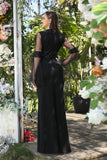 Elegant Black Jewel Long-Sleeves Mermaid Satin Prom Dresses