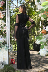Elegant Black Jewel Long-Sleeves Mermaid Satin Prom Dresses