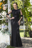 Elegant Black Jewel Long-Sleeves Mermaid Satin Prom Dresses