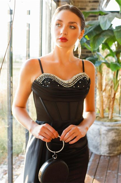 Elegant Black Mermaid Straps Evening Dress With Split Sequined