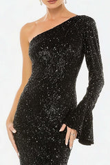 Suzhoufashion Elegant Black One Shoulder Mermaid Long Sequins Prom Dress With Sleeves