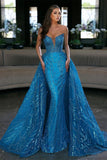 Elegant Blue Long Sleeveless Evening Dress With Detachable Train Mermaid