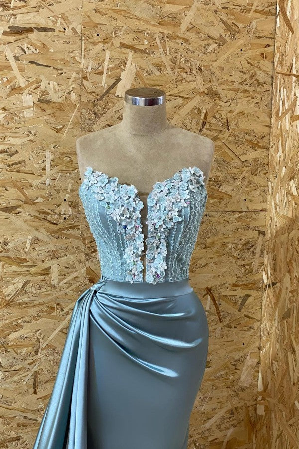 Elegant Blue Strapless Sleeveless Mermaid Elastic Woven Satin Prom Dresses with Ruffles