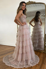 Elegant Blush Pink Sweethear Lace Up Tiered Tulle Prom Dress With Sparkle Formal Evening Gown