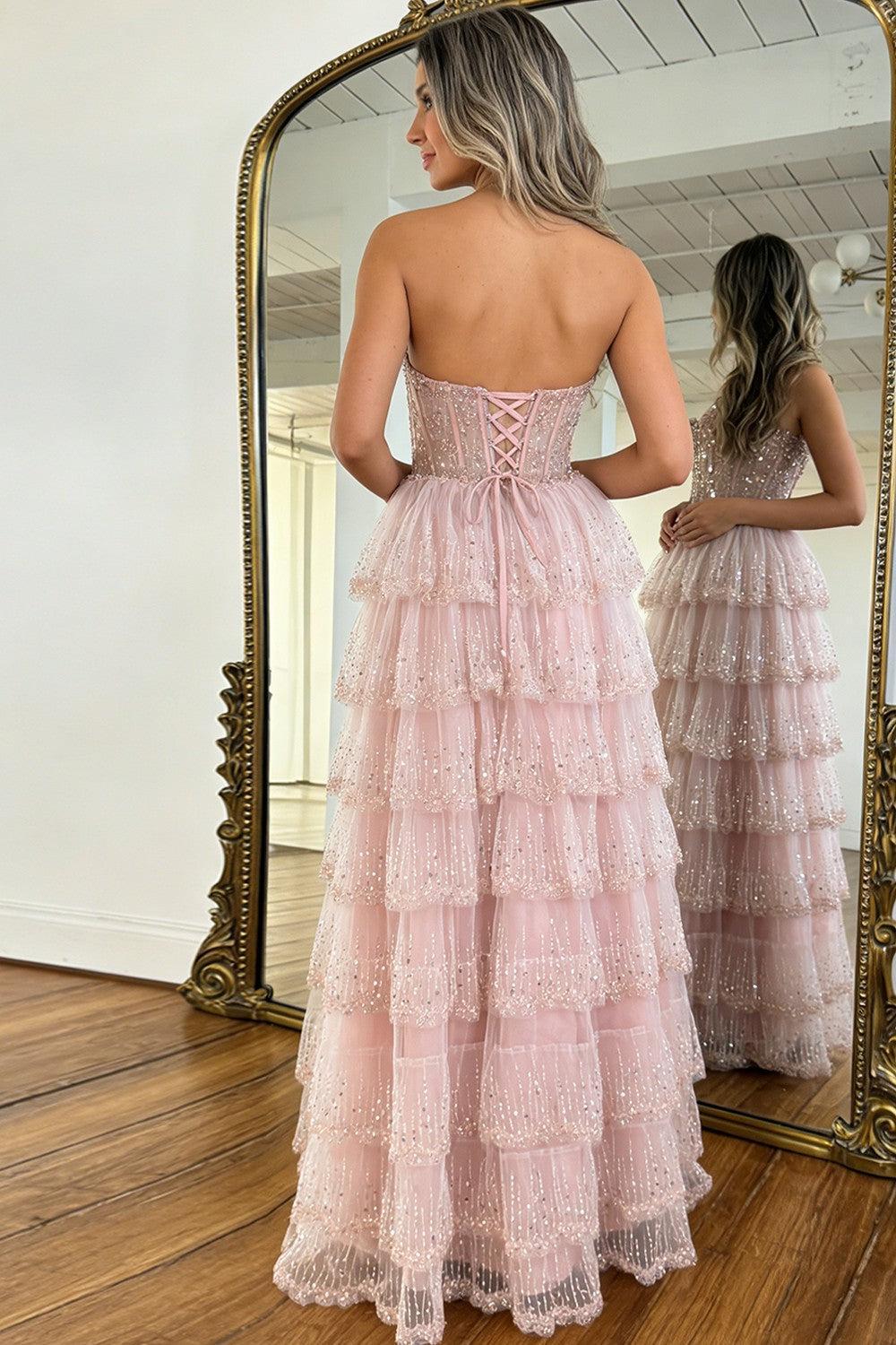 Elegant Blush Pink Sweethear Lace Up Tiered Tulle Prom Dress With Sparkle Formal Evening Gown