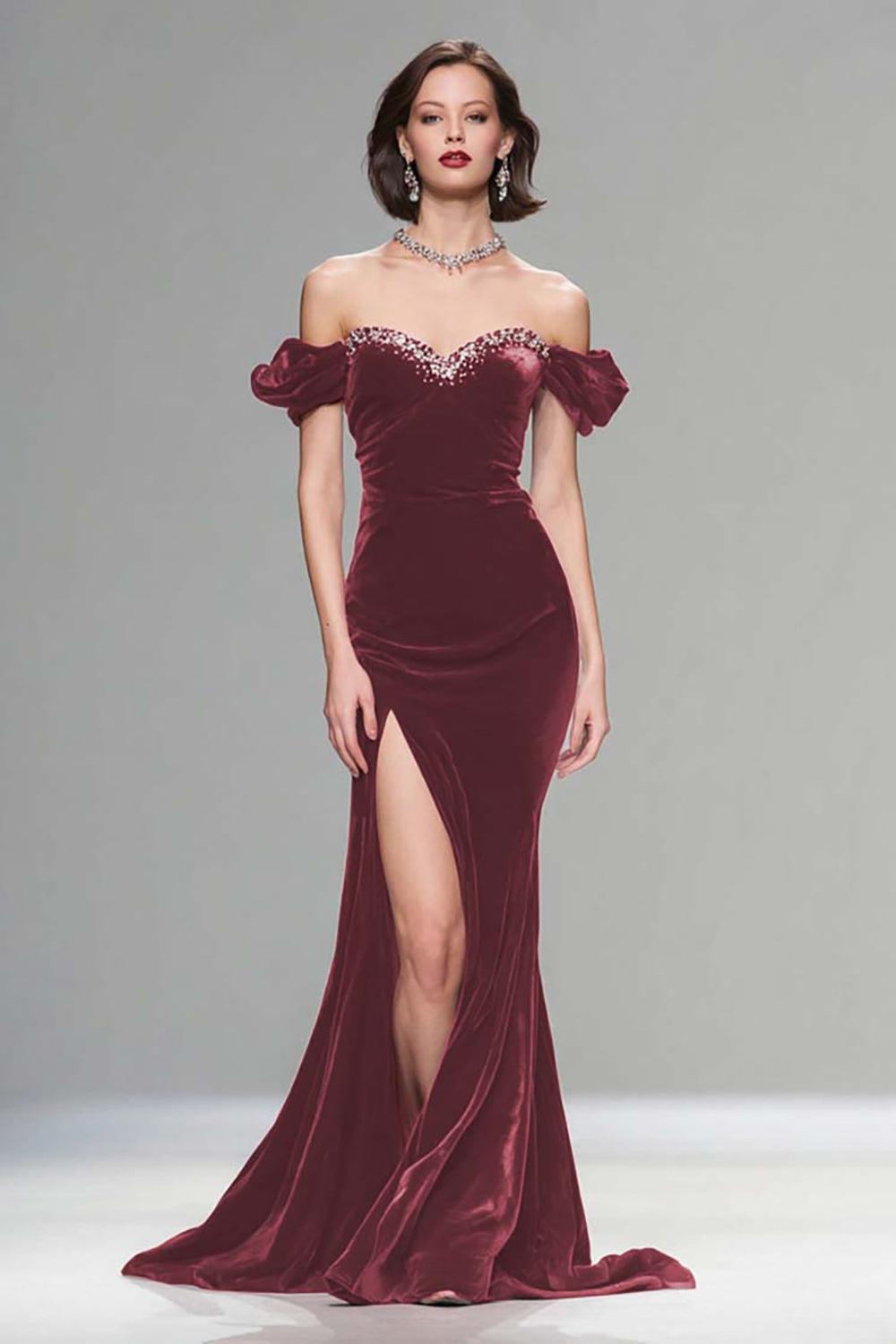 Elegant Burgundy Mermaid Long Velvet Holiday Party Dress With Beading