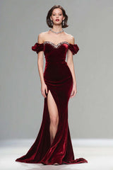 Elegant Burgundy Mermaid Long Velvet Holiday Party Dress With Beading