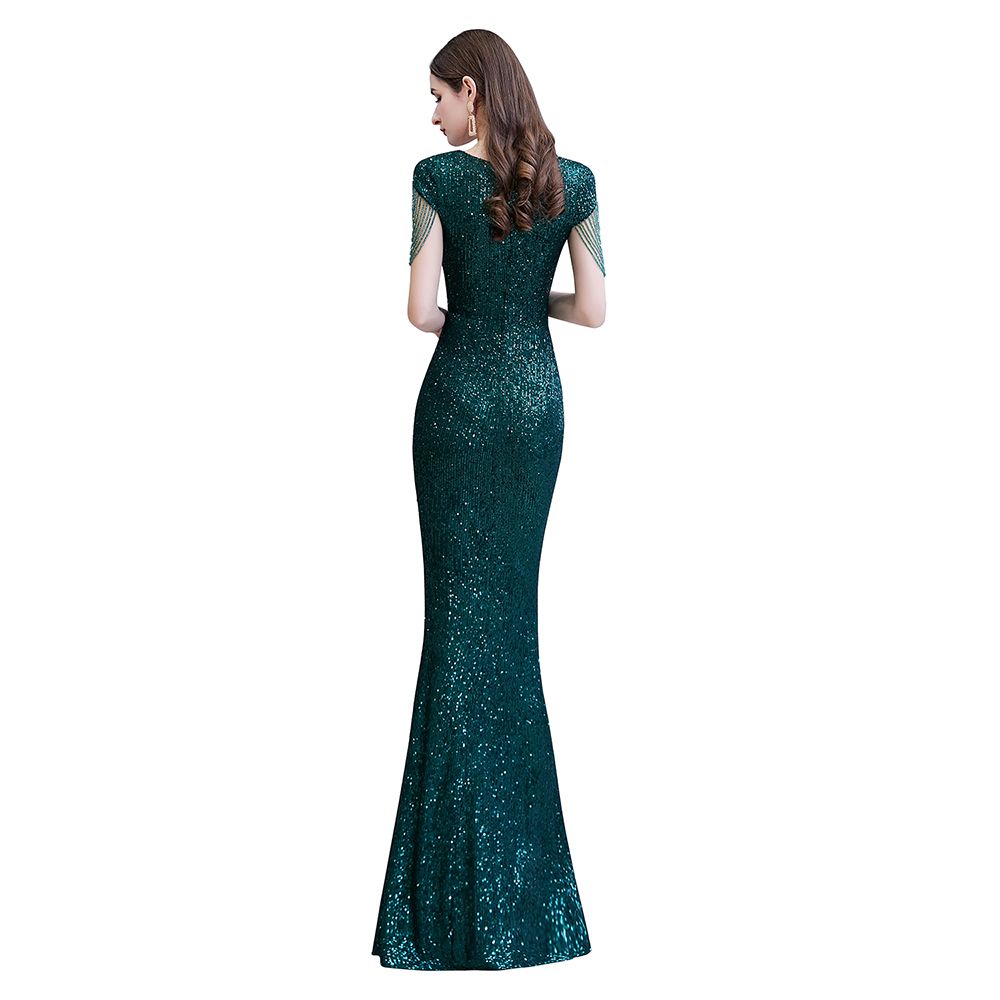Elegant Cap Sleeve Green Prom Dress | Sequins Long Evening Gowns