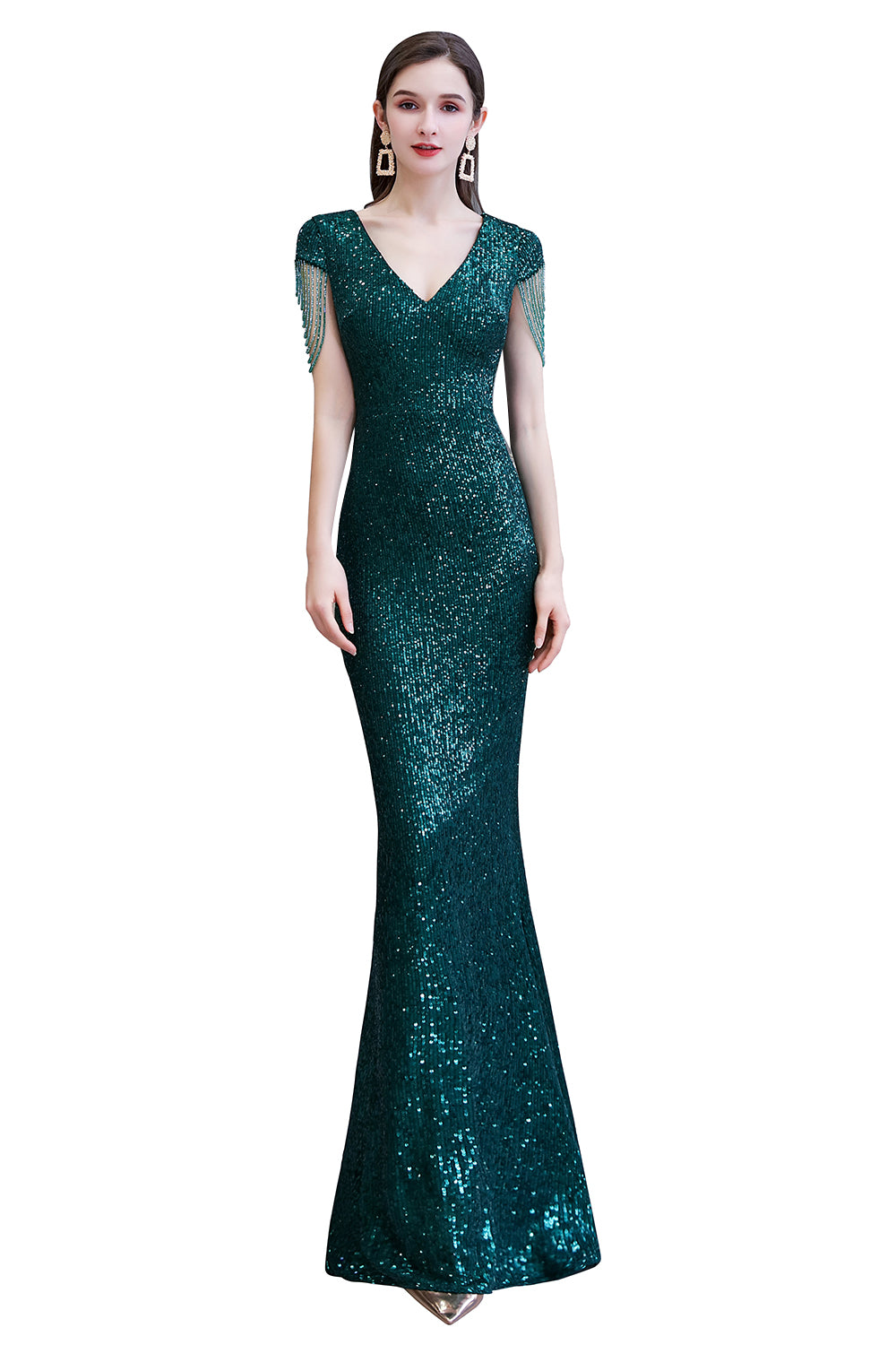 Elegant Cap Sleeve Green Prom Dress | Sequins Long Evening Gowns