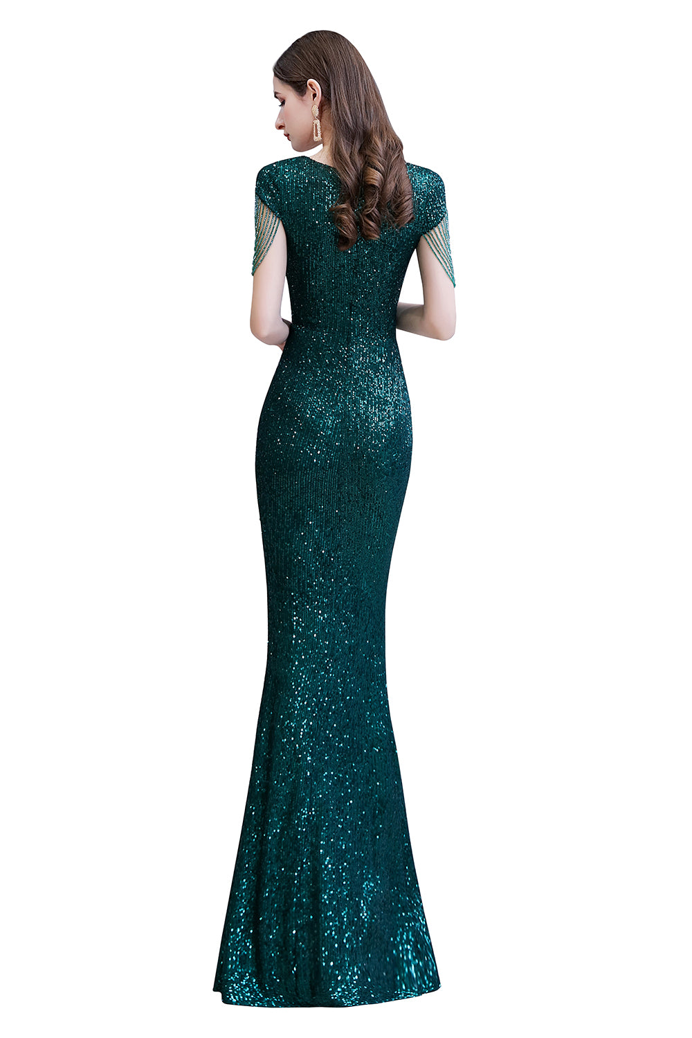 Elegant Cap Sleeve Green Prom Dress | Sequins Long Evening Gowns