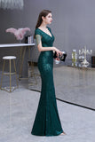 Elegant Cap Sleeve Green Prom Dress | Sequins Long Evening Gowns