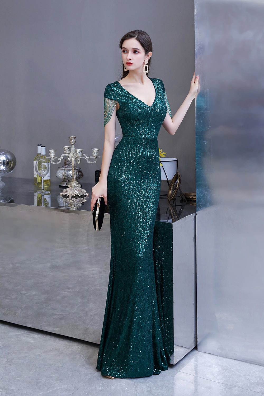 Elegant Cap Sleeve Green Prom Dress | Sequins Long Evening Gowns