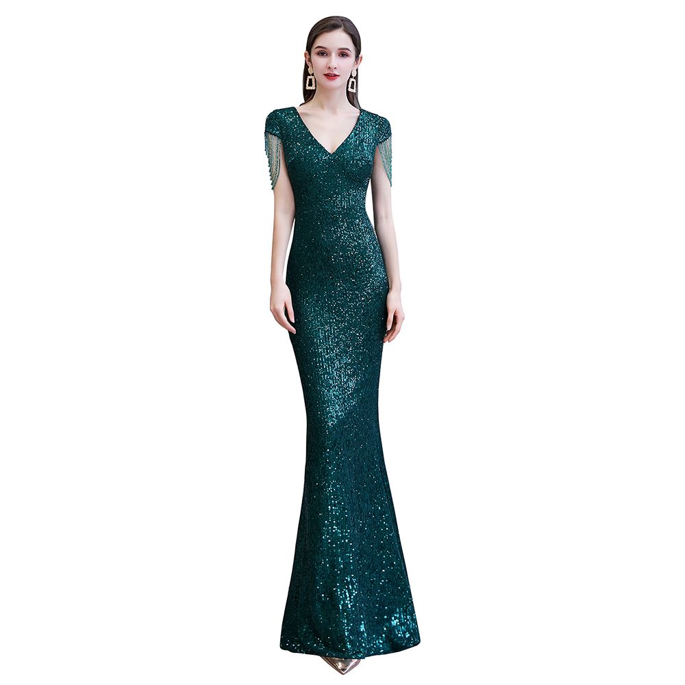 Elegant Cap Sleeve Green Prom Dress | Sequins Long Evening Gowns