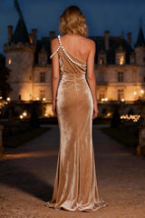 Elegant Champagne Mermaid Long Velvet Holiday Party Dress With Pearls