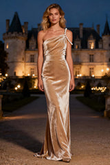 Elegant Champagne Mermaid Long Velvet Holiday Party Dress With Pearls