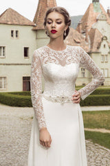 Elegant Chiffon Lace Crystals Bridal Dress Long Sleeve Court Train Wedding Dress