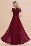 Elegant Chiffon Lace Short Sleeves Long Elegant Bridesmaid Dress