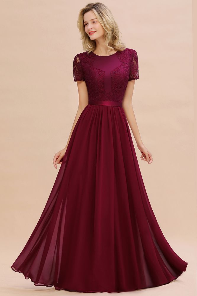 Elegant Chiffon Lace Short Sleeves Long Elegant Bridesmaid Dress