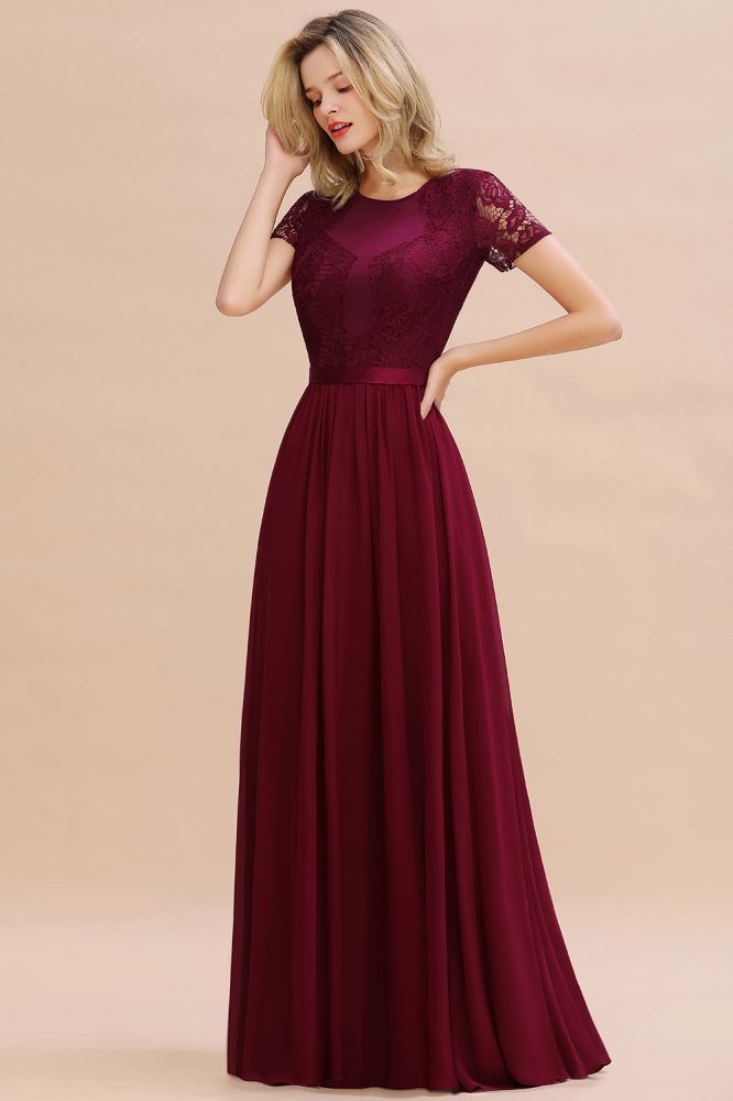 Elegant Chiffon Lace Short Sleeves Long Elegant Bridesmaid Dress