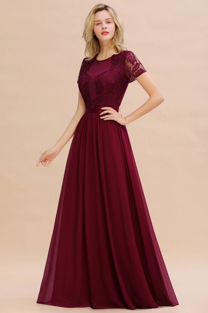 Elegant Chiffon Lace Short Sleeves Long Elegant Bridesmaid Dress