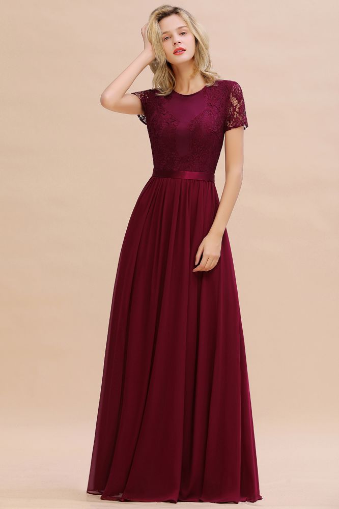 Elegant Chiffon Lace Short Sleeves Long Elegant Bridesmaid Dress