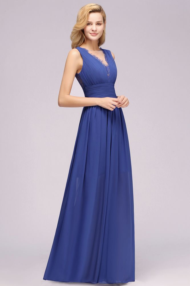 Elegant Chiffon Lace Sleeveless Long Elegant Ruffles Bridesmaid Dress