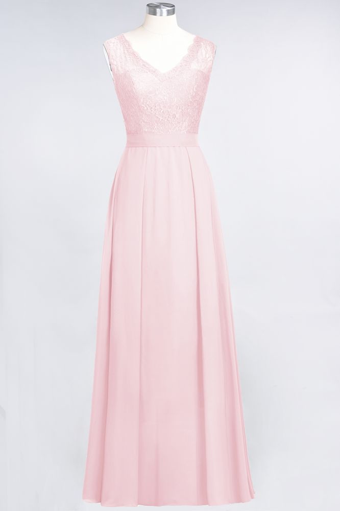 Elegant Chiffon Lace Sleeveless V-Neck Long Bridesmaid Dresses with Ruffles
