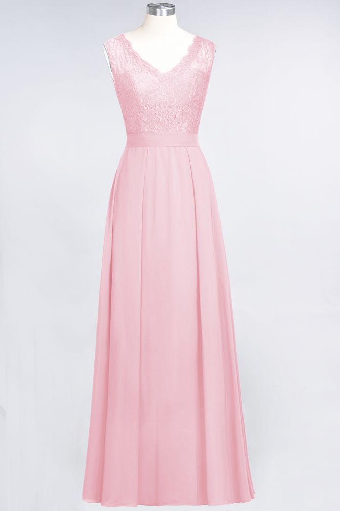 Elegant Chiffon Lace Sleeveless V-Neck Long Bridesmaid Dresses with Ruffles