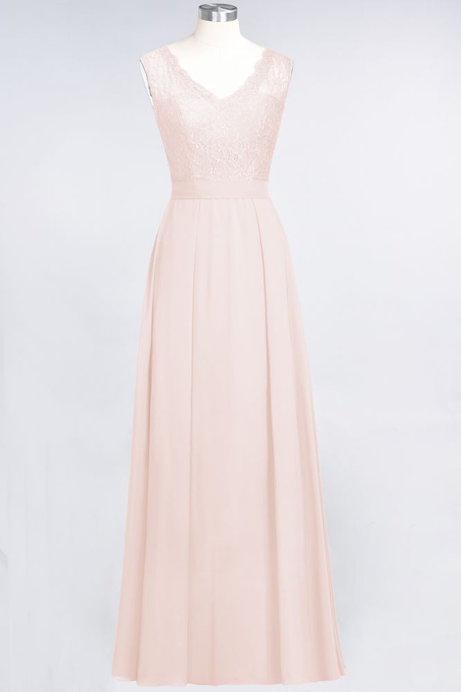 Elegant Chiffon Lace Sleeveless V-Neck Long Bridesmaid Dresses with Ruffles
