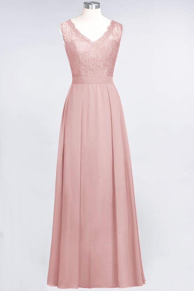 Elegant Chiffon Lace Sleeveless V-Neck Long Bridesmaid Dresses with Ruffles