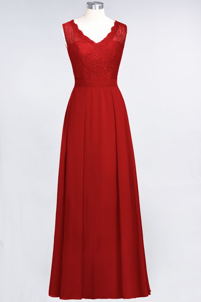 Elegant Chiffon Lace Sleeveless V-Neck Long Bridesmaid Dresses with Ruffles