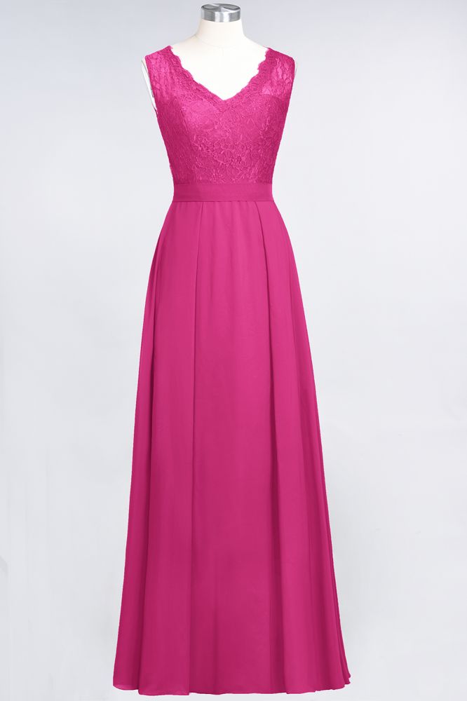 Elegant Chiffon Lace Sleeveless V-Neck Long Bridesmaid Dresses with Ruffles