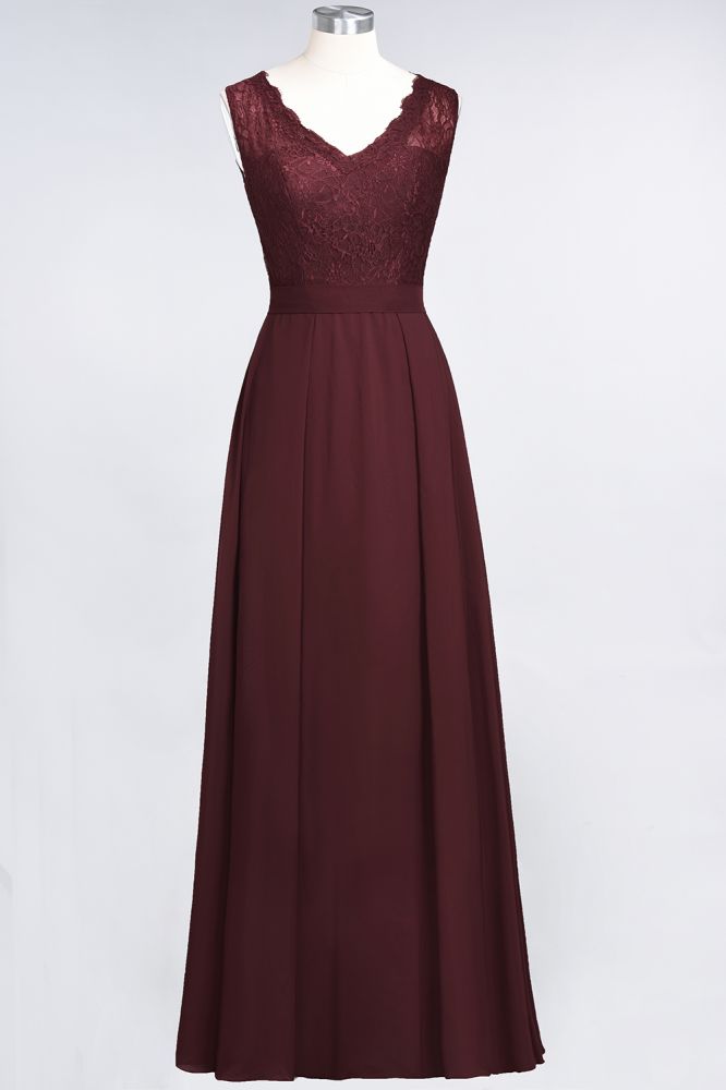 Elegant Chiffon Lace Sleeveless V-Neck Long Bridesmaid Dresses with Ruffles