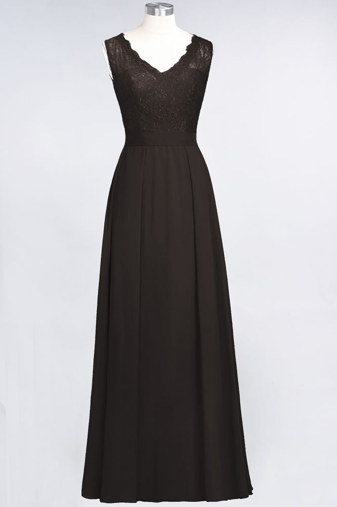 Elegant Chiffon Lace Sleeveless V-Neck Long Bridesmaid Dresses with Ruffles