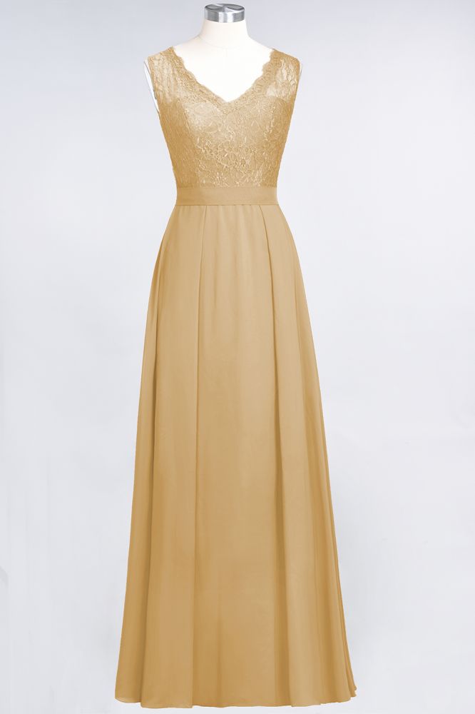 Elegant Chiffon Lace Sleeveless V-Neck Long Bridesmaid Dresses with Ruffles