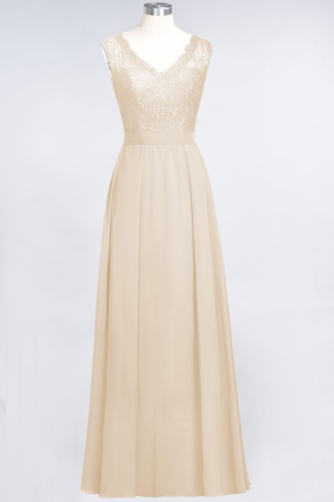 Elegant Chiffon Lace Sleeveless V-Neck Long Bridesmaid Dresses with Ruffles