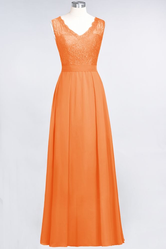 Elegant Chiffon Lace Sleeveless V-Neck Long Bridesmaid Dresses with Ruffles
