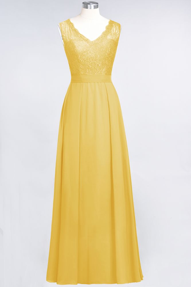 Elegant Chiffon Lace Sleeveless V-Neck Long Bridesmaid Dresses with Ruffles