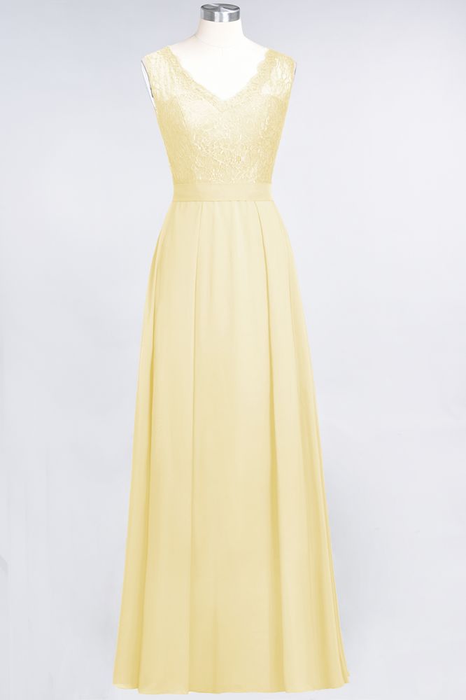 Elegant Chiffon Lace Sleeveless V-Neck Long Bridesmaid Dresses with Ruffles