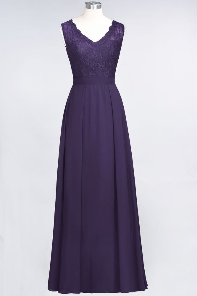 Elegant Chiffon Lace Sleeveless V-Neck Long Bridesmaid Dresses with Ruffles