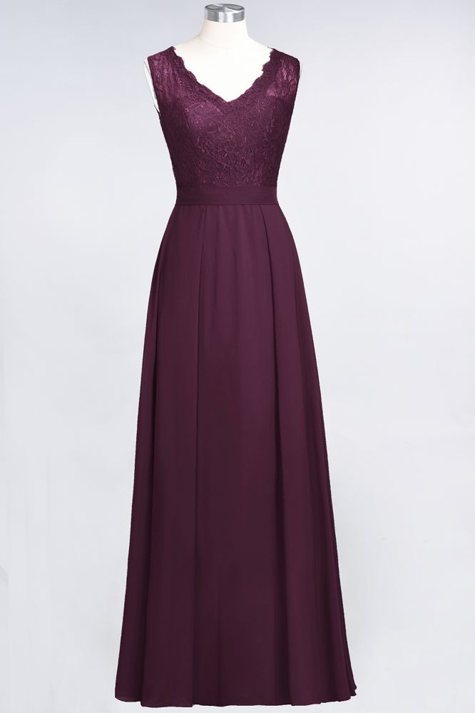 Elegant Chiffon Lace Sleeveless V-Neck Long Bridesmaid Dresses with Ruffles