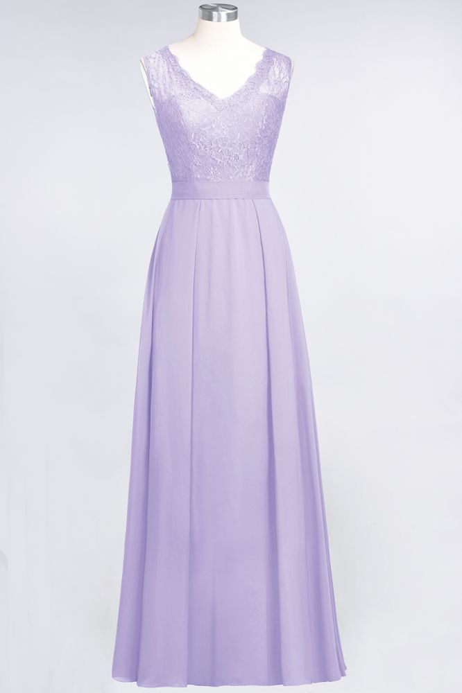 Elegant Chiffon Lace Sleeveless V-Neck Long Bridesmaid Dresses with Ruffles