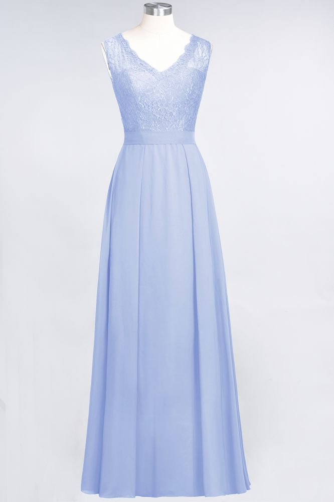 Elegant Chiffon Lace Sleeveless V-Neck Long Bridesmaid Dresses with Ruffles