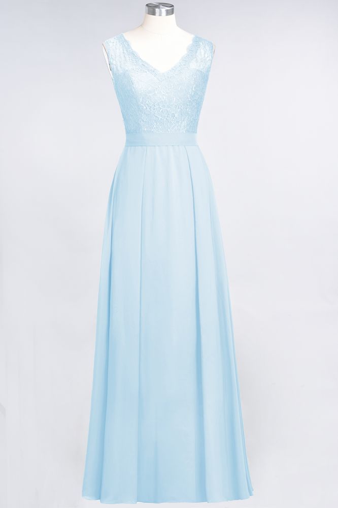 Elegant Chiffon Lace Sleeveless V-Neck Long Bridesmaid Dresses with Ruffles