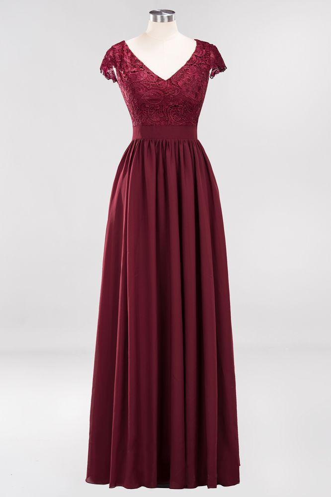Elegant Chiffon Lace Sleeveless V-Neck Long Bridesmaid Dresses with Ruffles