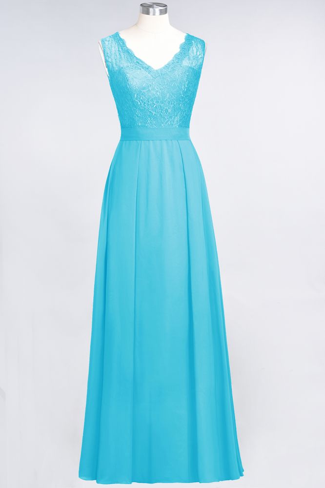 Elegant Chiffon Lace Sleeveless V-Neck Long Bridesmaid Dresses with Ruffles