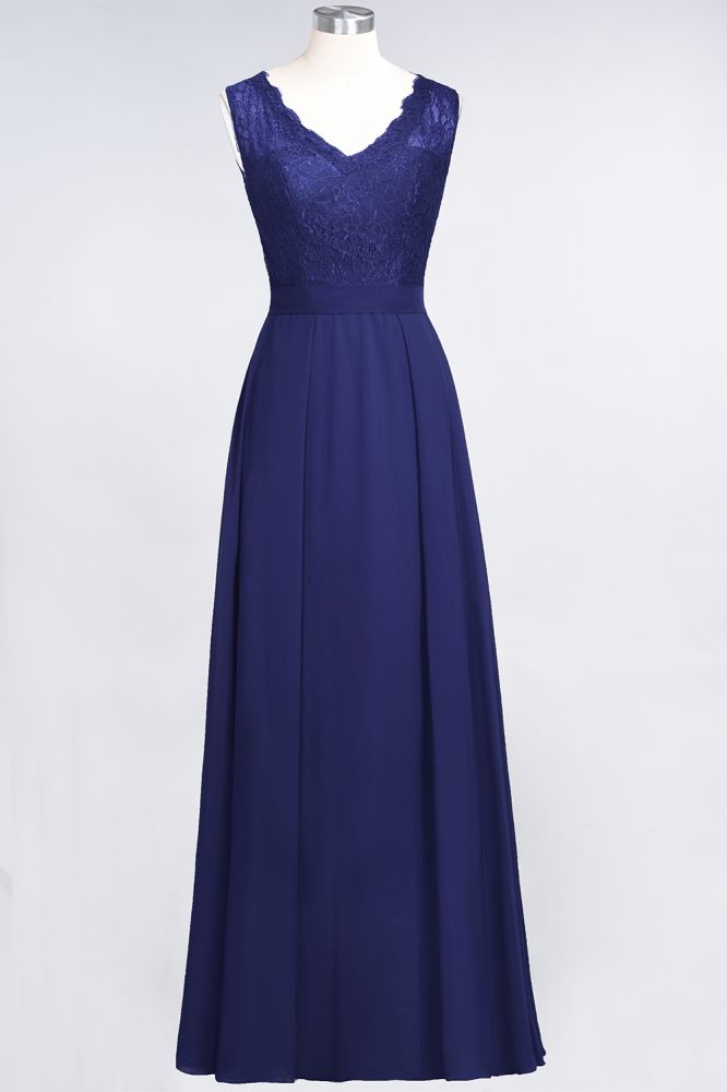 Elegant Chiffon Lace Sleeveless V-Neck Long Bridesmaid Dresses with Ruffles